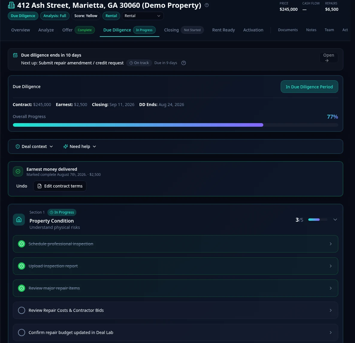 Due Diligence Center for a demo property showing overall progress, earnest money checkpoint, and dated verification tasks across property condition, rent, and expenses.