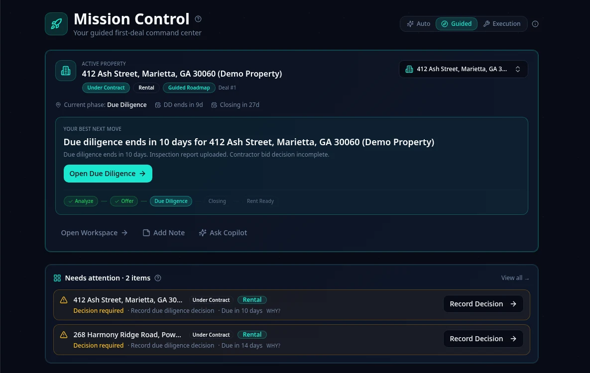 Launchpad Investor OS Mission Control showing the active property and your best next move.